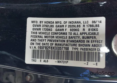 2014 Honda Civic Ex from USA, damaged, VIN 19XFB2F8XEE057768